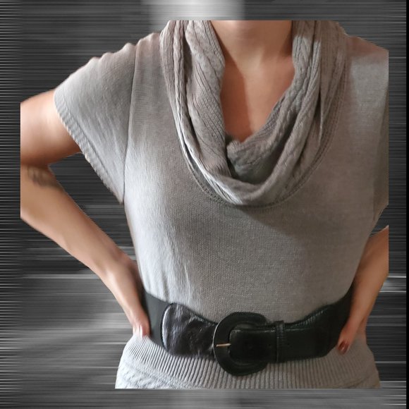 Cato Sweater Dress - Grey Cable Knit - Cowl Neck - Mini Skirt - Wide Belt - Picture 6 of 9